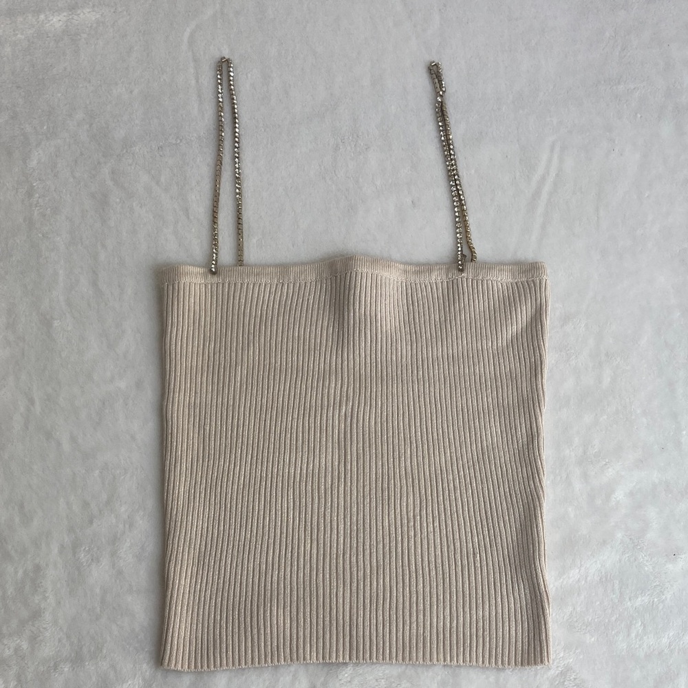 Brandy Mervilor Beige Ribbed Knit Tank Top with Chain Straps Size M
